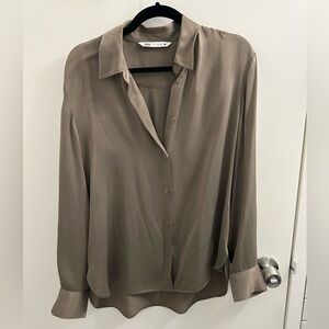 Zara Satin Effect Basic Shirt - Olive Green